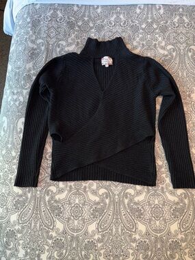 Black Ribbed Wrap Mock Neck Sweater with Cutout